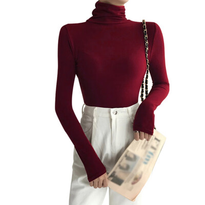 

Women T-shirt Wild Solid Color Turtleneck Pullovers Long Sleeve Slim Fashion T-Shirt Casual Female Streetwear