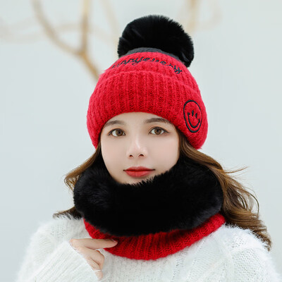 

2019 AutumnWinter Ladies Color Knitted Hairline Hat Neck Set Smiley Letter Warm Sleeve Head Ear Hat
