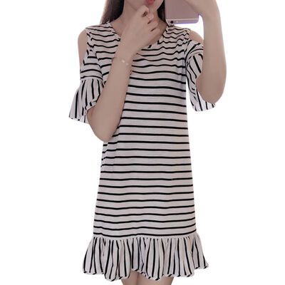 

Summer Women Off Shoulder Short Flare Sleeve Dress Stripe Casual Loose Dress