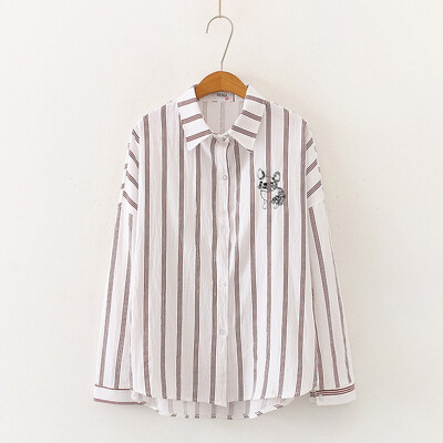 

Ladies Elegant Shirt Harajuku Style Puppy Embroidered Cotton Blouse Casual Women Stripe Long Sleeve Tops&Blouses