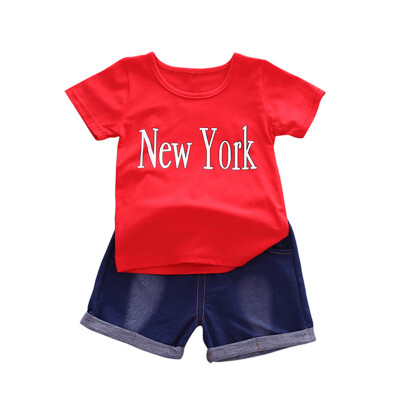 

Summer Baby Boys Clothes Sets Short Sleeve Letter Print Tops T-shirtDenim Shorts Casual Kid Clothing