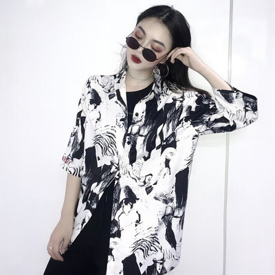 

Vintage Fashion Blouse Women Cartoon Print Lapel Shirt Loose Single-breasted Blouses Long Sleeve Blusas Mujer De Moda