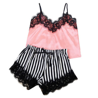 

Womens Pajamas Set Two-piece Sexy Exotic Pajamas Lace Stitching Sexy Sling Vest Striped Sleeveless V-neck Tops Shorts