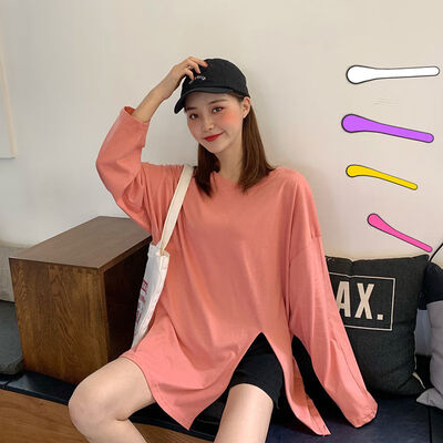 

Autumn Loose Oversized Slit T-shirt Women Long Sleeve Korean Style Sweet Solid Color O neck Steetwear Stranger Things Tee