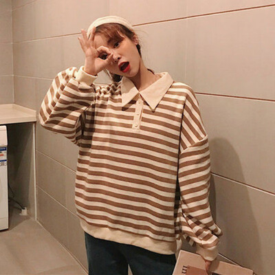 

Autumn Thin Section Wild Loose Lazy styple Color Stripes Polo Collar Clothes Women