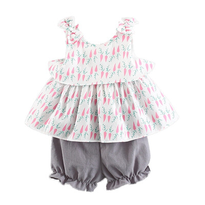 

2PCS 1-4T 2018 Summer New Fashion Baby Pure Color Print Short Sleeve Top Shorts Set Children Clothing Set Girls Suits