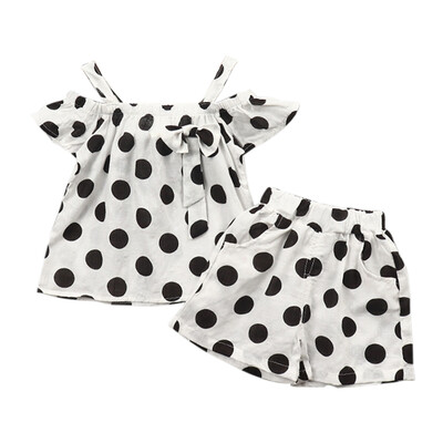 

Summer Toddler Girl Clothing Dot Print Bow Flare Sleeve Off-shoulder T-shirt Blouse Tops Shorts Casual 2pcs Outfits