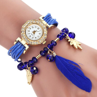 

Fashion DIY Feather Pattern Women Dress Watches Weave Montre Femme Gold Leaf Owl Pendant Rhinestone Wristwatch Bracelet Jewelry Ro