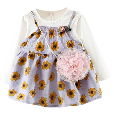 

Autumn Casual Baby Girls Floral Pattern Long Sleeve Fake 2 Piece Dress Kids Sundress With Bag