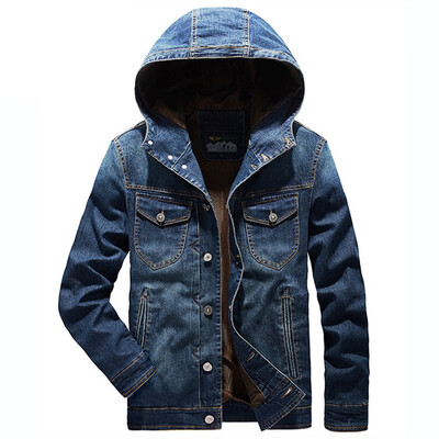 

Toponeto Mens Autumn Winter Casual Solid Turn-down Collar Denim Hooded Jacket Coat