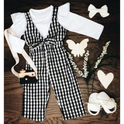 

Toddler Baby Kids Girl Ruffle Knitted Tops Stripe Pants Overalls Outfits Clothes