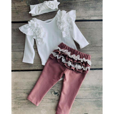 

US Newborn Infant Baby Girl Ruffle Outfit Clothes Romper TopsPantsHeadband Set