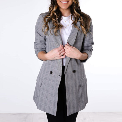 

Tailored Womens Lapel Long Sleeve Button Casual Loose Fit Plaid Relax Fit Office Jackets