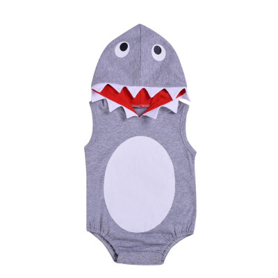 

Summer Cute Cartoon Shark Baby Jumpsuits Baby Boy Cartoon Printing Sleeveless Hooded Rompers Kids Toddler Romper