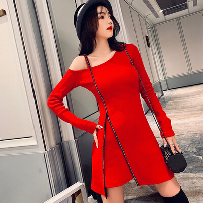 

Women Sexy Off Shoulder Long Sleeve Mini Dress Autumn Solid Color Black Red Bodycon Elegant Chic Night Club Vestidos