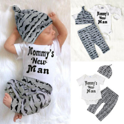 

USA 3Pcs Newborn Baby Boy Romper Tops Long Pants Hat Outfits Clothes 0-18M