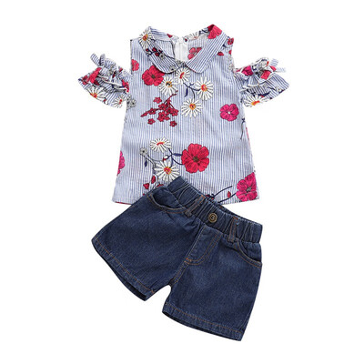 

Summer Print Shirt Baby Girls Clothes Set Fashion Denim Shorts Set For Girls Clothes 2PCS Print T-shirt Children Clothing Set