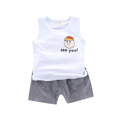 

Summer Cotton Baby Boys Sleeveless Cartoon Letter Print Tops Blouse VestShorts Casual Outfits Sets