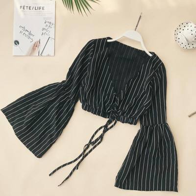 

Womens V Neck Striped Print Short Blouse Ladies Slim Lace Up Crop Top Female Shirt