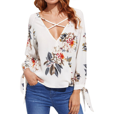 

2019 Autumn Women Fashion Clothes White Elegant V Neck Floral Print Top Long Sleeve Workwear Lady Tops And Blouses