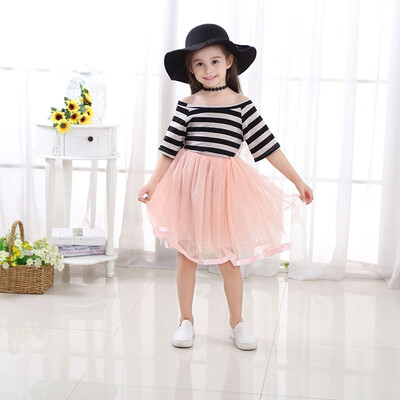

Summer Casual Baby Girls Stripe Pattern Off-shoulder Short Sleeve Dress Kids Toddler Pageant Sundress