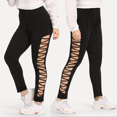 

Gobestart Fashion Women Plus Size Elastic Solid Hollow Sport Casual Stretch Leggings Pants