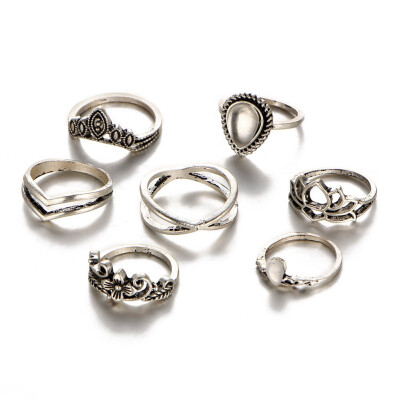 

7 Pcs Set Women Punk Vintage Knuckle Rings Tribal Ethnic Hippie Stone Joint Ring Jewelry Set Gift