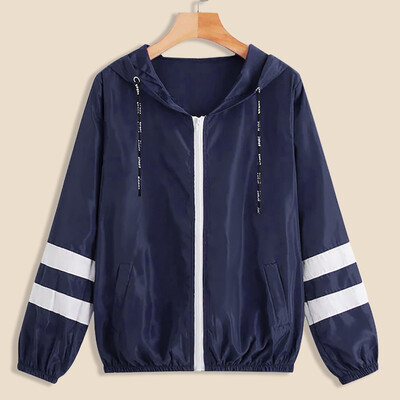 

Tailored Womens Autumn Colour Block Drawstring Hooded Windbreaker Jacket Casual Sweater