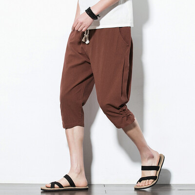 

Tailored Mens Summer Fashion Leisure Pure Color Button Linen Loose Calf-Length Pants