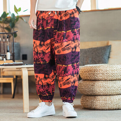 

Gobestart Mens Casual Vintage Style Loose Cotton Linen Printing Patchwork Lantern Pant