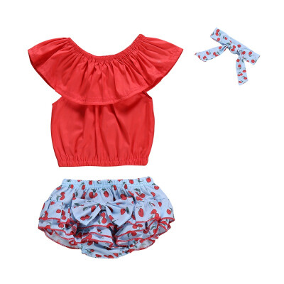 

Summer Baby Girl Sleeveless Romper Cherry Print PP Pants with Bowknot Design Headband Costume