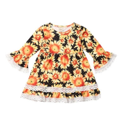 

US Infant Kid Baby Girl Long Sleeve Sunflower Party Pageant Lace Gown Tutu Dress