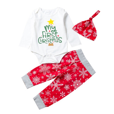 

3-24M Autumn Toddler Outfit Set Casual Fashion Baby My First Christmas Letter Printing Bodysuit Trousers Hat Kids 3pcs