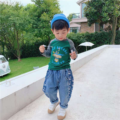 

New Autumn Clothes Kids Cute Stitching Cartoon Print Outwears Boys Girls Round Collar Long Sleeved Cotton T-Shirt Clothing 2-8Y