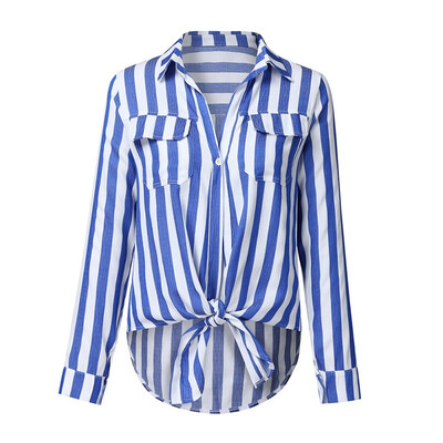 

Women Blouses Autumn Long Sleeve V Neck Lace up Stripe Shirt Casual Tops chemise femme camisas mujer Lady blouses