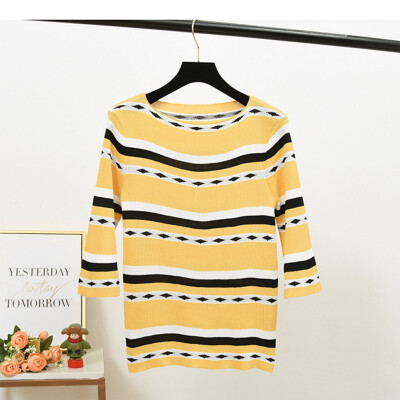 

Womens Sweater 2019 Autumn Stripe Slim Seven Sleeve Pullover Female O-Neck Winter Bottoming Knitwear Korean Knitted Sweaters