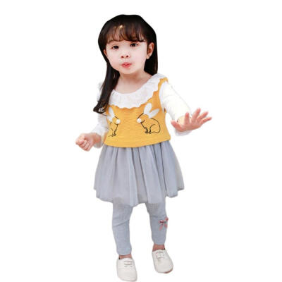 

WEIXINBUY Baby Girls Dress Rabbit Vest long-sleeved Dress Autumn Cotton three-piecesSet