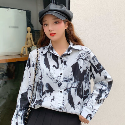 

Elegant Fashion Women Blouse Vintage Cartoon Print Lapel Shirt Loose Shirt Tops Single-breasted Long Sleeve Blouse