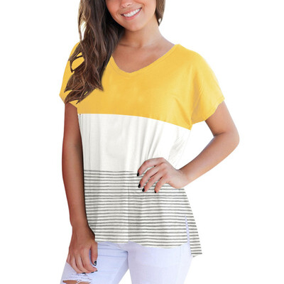 

Short Batwing Sleeve T-shirt Color blocks Striped V-neck Casual Lady Brend Tee Tops Women Summer T Shirt Female plus size
