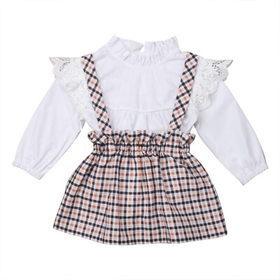 

hilittlekids Girls Kids Baby Brace Suspender Skirt Overalls Lace Decor Blouse Plaid Suspender Skirt Suit