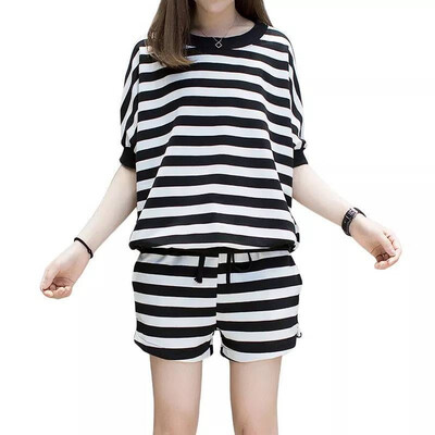 

Summer Causal Loose Sport Top&Short For Women Striped Short Sleeve O-neck Comfortable Top Sports Women Set