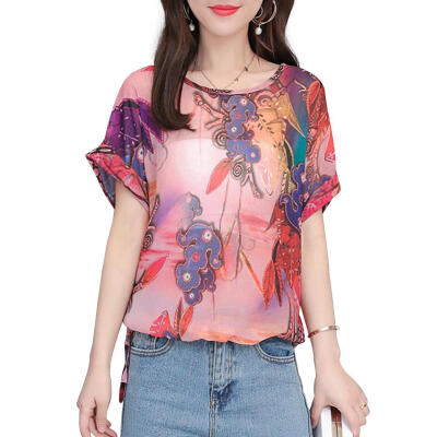 

Chiffon Chic Women Short Sleeve Floral O-Neck Casual Fashion Summer T-shirt