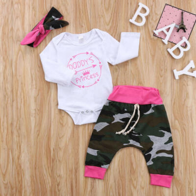 

Newborn Infant Baby Girl Camouflage Outfit Clothes Romper TopPantsHeadband Set