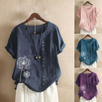 

US Women Summer Cotton Linen Short Sleeve T Shirt Loose Casual Blouse Top -4XL