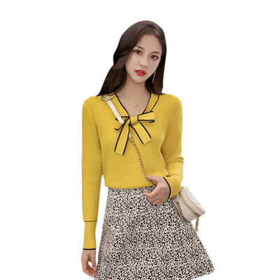 

Loose All-match V-neck Long-sleeved Womens Knit Pullover Fashion Sweet Bow Decoration Solid Color Sweater