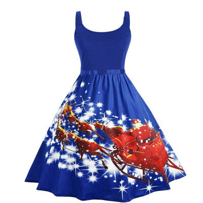 

Tailored Women Vintage Sleeveless Christmas Print Housewife Evening Party Prom Dress