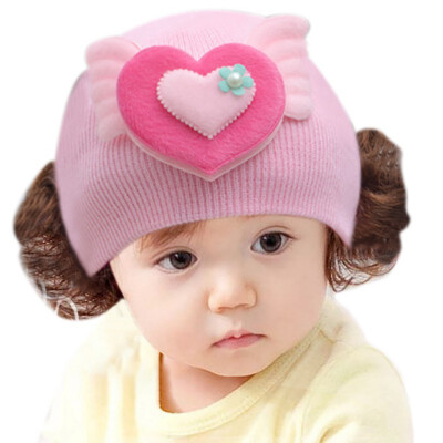 

Newborn Cute Baby Hat Toddler Baby Warm Knit Hat Girls Caps Cartoon Bowknot Cap Girls Fake Hair Wig Hats Kids Headwear