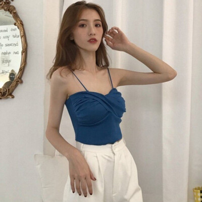 

Womens Summer Spaghetti Strap Crisscross Solid Ruched Knitted Camisole Sexy Sleeveless New Casual Camis Underwear Women