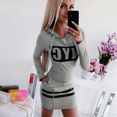 

Fashion Women Autumn Print Hooded Dress NYC Long Sleeve Drawstring Zipper Pocket Casual Mini Hoodie Dress