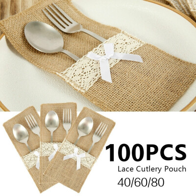 

406080100pcs Lace Silverware Pouch Burlap Silverware Holder Wedding Table Decor Jute Lace Knife Fork Pouch Cover Bags